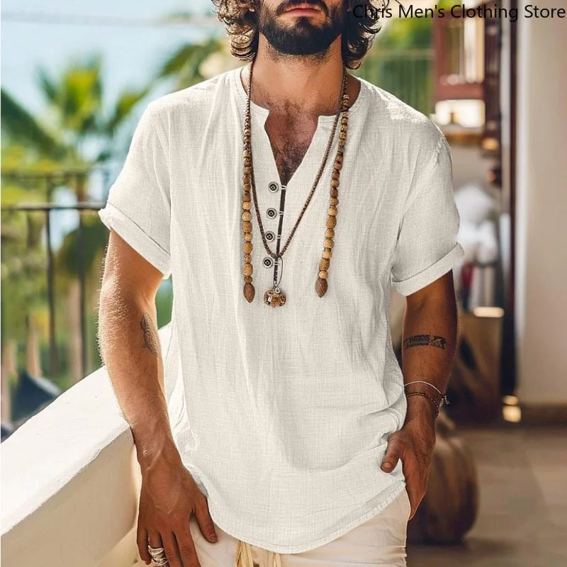 

Cotton and Linen Solid Color Casual Style Button Breathable Vacation T-shirt Summer 2025 Men's Shirt, Trendy and Versatile Item