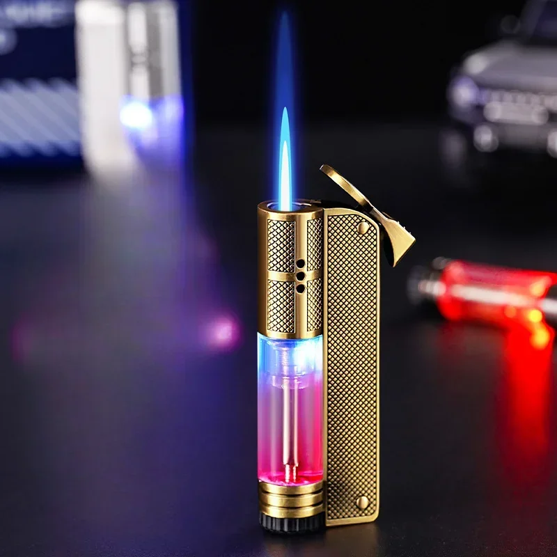 

Cylindrical Strip Lighetr Jet Torch Metal Windproof Butane Gas Lighters Transparent Visible Fuel Tank Portable Cigarette for Man