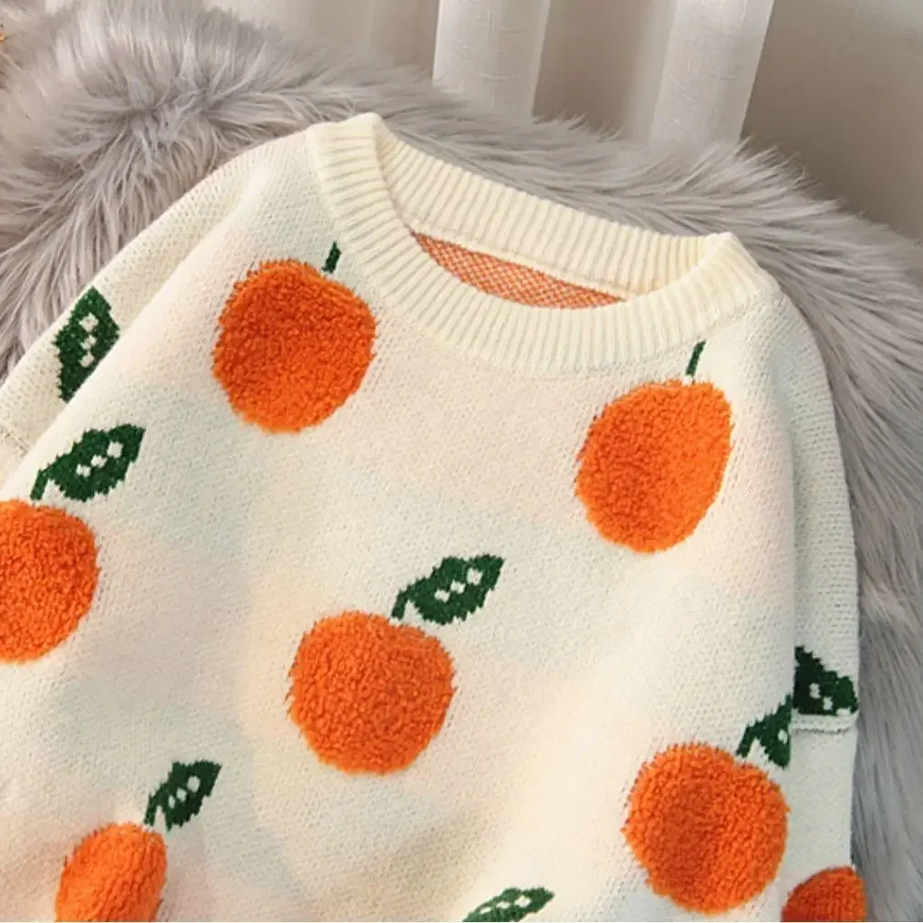 E-BAIHUI Orange Print Women O Neck Sweater 2022 Autumn Winter Warm Pullovers Top Soft Female Jumper Knitwear Outfits Pull