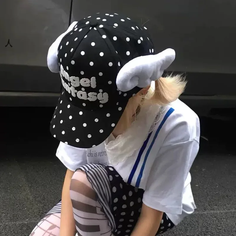 Harajuku Subculture Angel Retro Polka Bunny Embroidered Baseball Hats for Women Y2K Punk Goth Girl Aesthetic Old-School Vibe Cap
