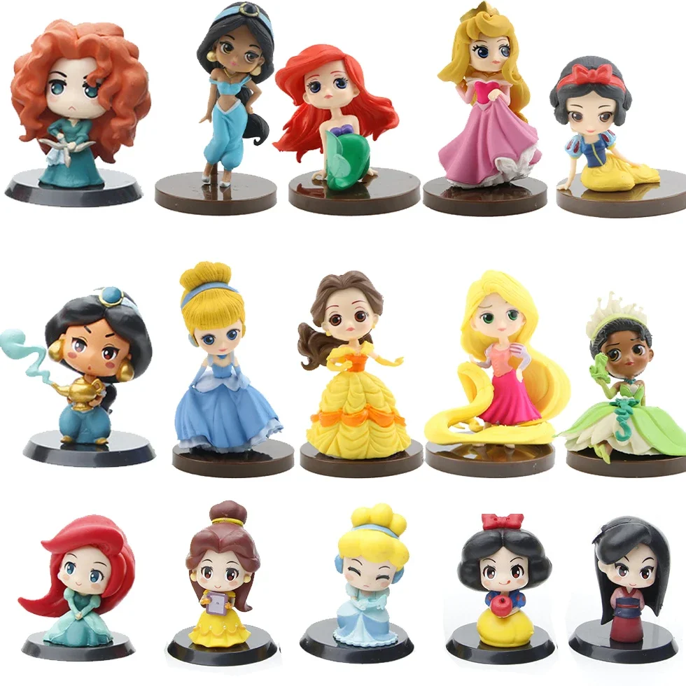 8-9cm 8pcs/set Q Posket Princess Tiana Snow White Rapunzel Ariel Cinderella Belle Mermaid PVC Action Figures Model Toys Kid Gift