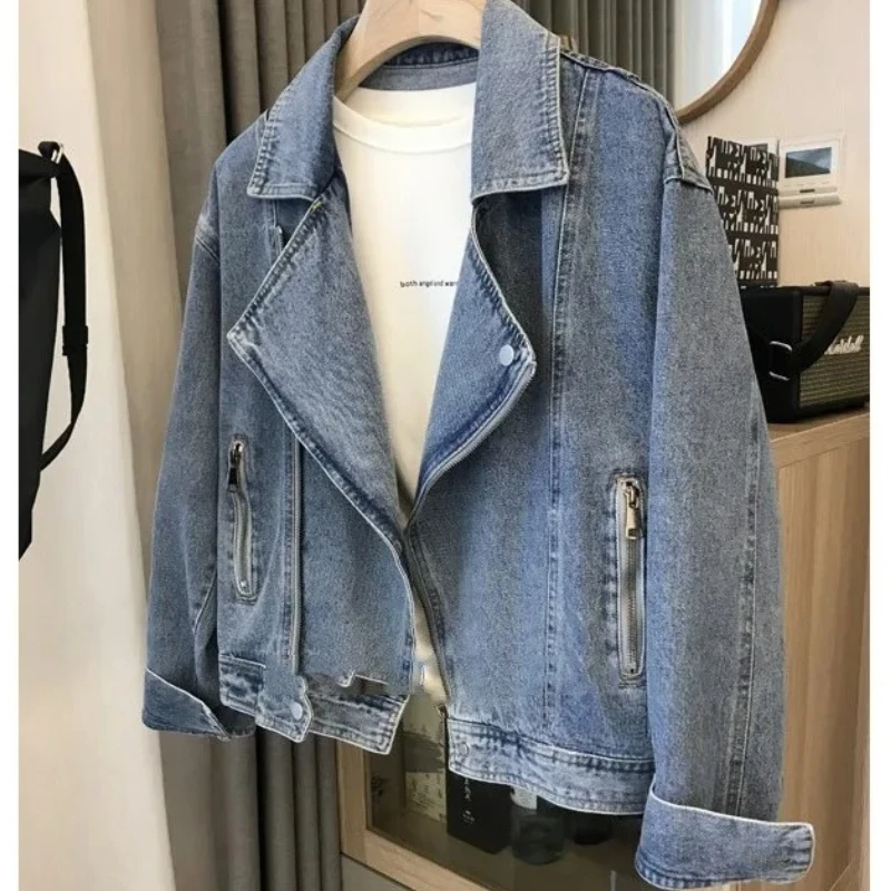 

Denim Coat Women Autumn Jackets Zipper Washed Distressed Overcoat Turn Down Collar Coats Streetwear Vintage Outerwear 2025