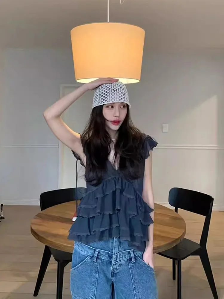 Csa de encaje sin mangas con dobladillo con volantes Bertha para mujer, versátil, estilo coreano, para ir al trabajo, mate...