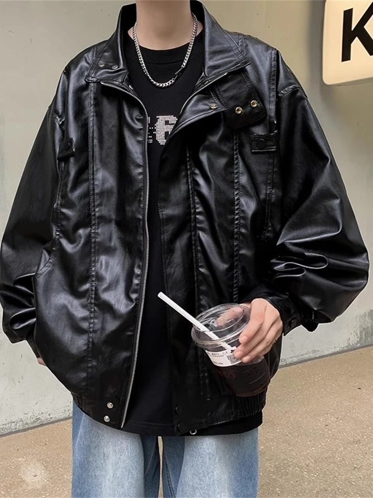 

Sli Men's PU Leather Jaet Biker Baseball Vintage American Faion Trendy Haome Spring Autumn Outerwear Coat