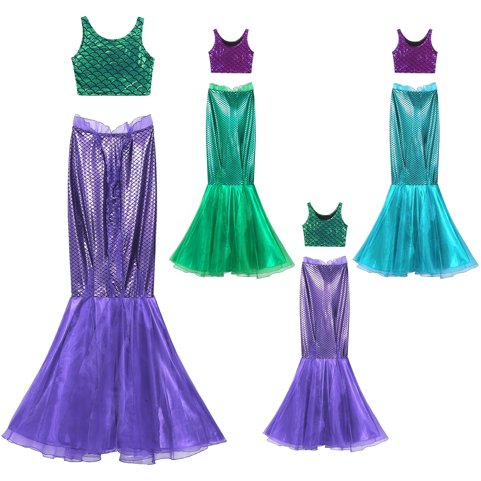 Women\'s Mermaid Cosplay Role Play Costumes Mermaid Tail Themed Party Fancy Dress Up Sleeveless Tank Top Tulle Fishtail Skirt Set