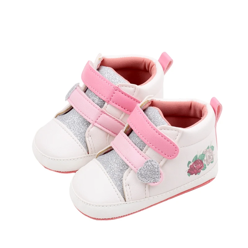 Baby Girl Shoes Cute Lightweight Soft Non-Slip Side Flower Print PU Upper Sparkle High Top Shoes Newborn Infant Walking Shoes