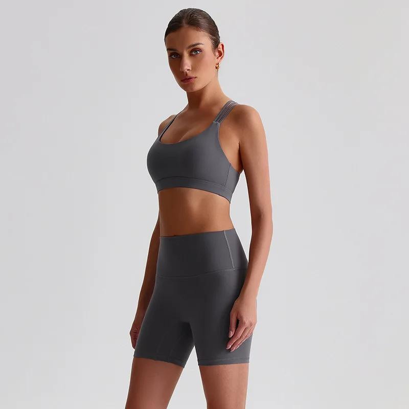 Dámská sportovní souprava na jógu s dlouhým rukávem, krátké legíny s kříženým ramenním popruhem, sportovní podprsenka, tepláková souprava, komplexní trénink, atletika - náhled 5