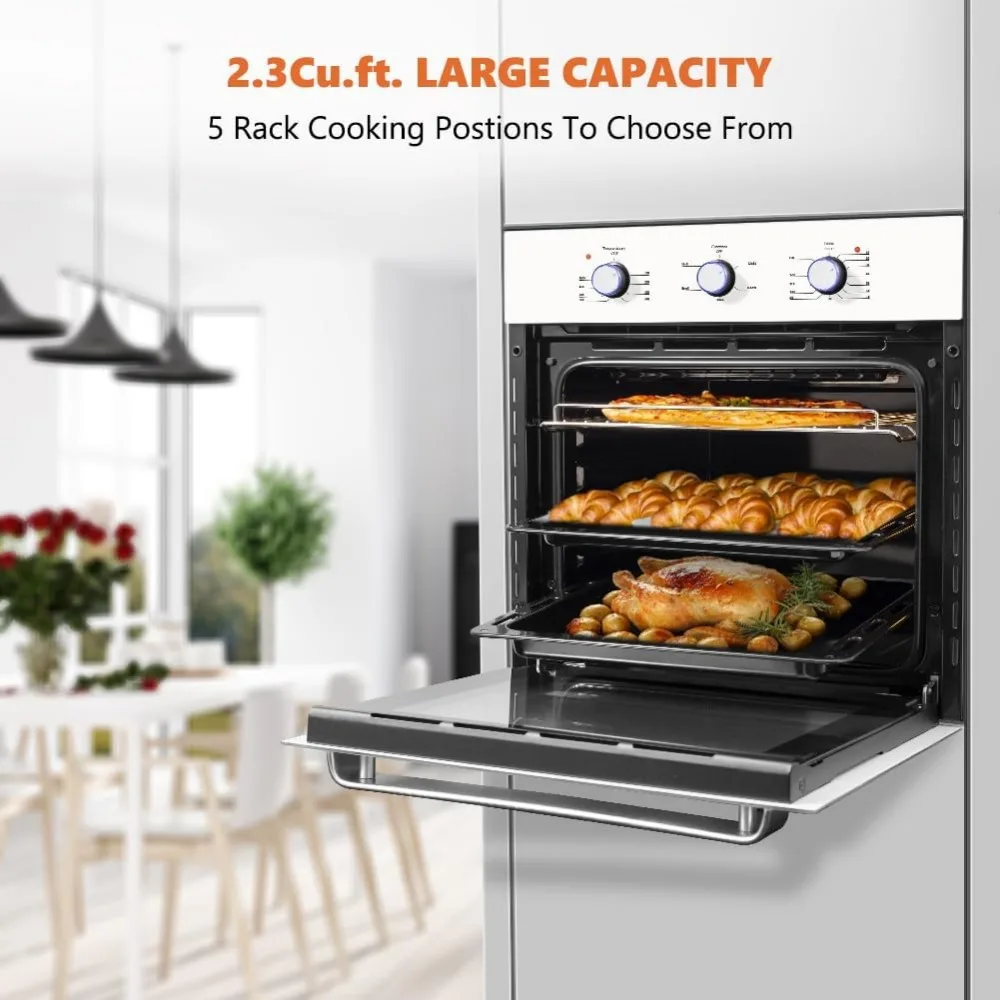 24" Single Wall Oven, 2.3 Cu.ft. Electric Wall Oven with 5 Cooking Functions, 2000W White Built-in Ovens with Mechanical Knobs