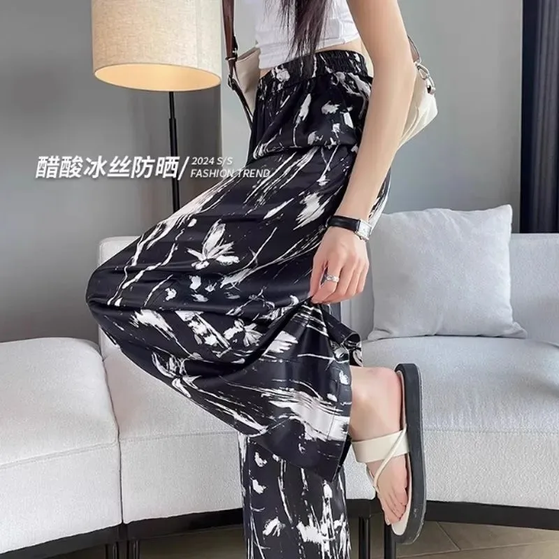 Women's Tie Dye Wide Leg Pants Acetate Ice Silk Elastic Waist Casual Trousers