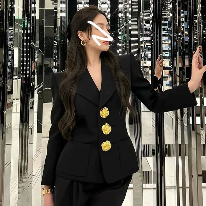 

Элегантный черный цветочный 3D-костюм-пиджак для женщин: приталенный, для офиса, модный, весенний, с завышенной талией, высокое качество