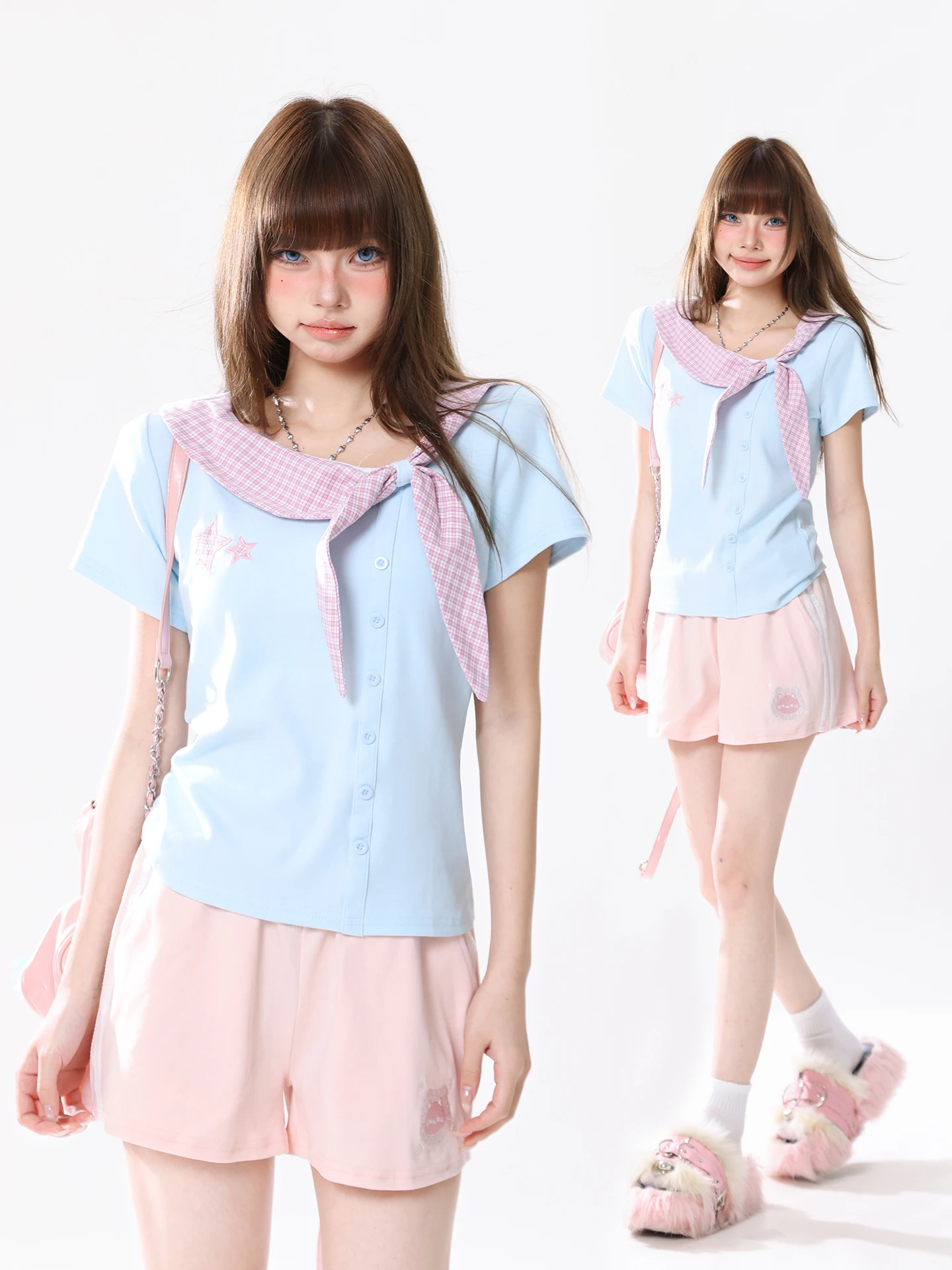 

Sweet And Spicy Summer Short Sleeve T-Shirt Women's Slim Fit Embroidered Collar School Style Knot Plaid Pattern Top