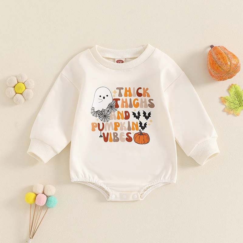 Halloween Baby Outfit Girl Boy Bodysuits Crewneck Bubble Sleeve Pumpkin Letter Ghost Print Sweatshirt Romper Cute Fall Clothes