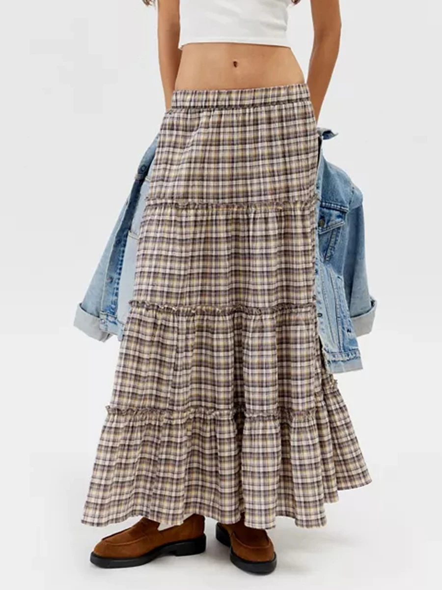 Kobiety w kratę z długa spódnica warstwową z niską talią w kratkę w kratkę i linię długa spódnica z falbanami luźna huśtawka w stylu Vintage