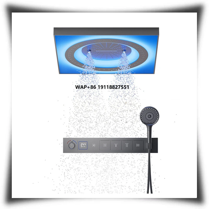 

600X600MM Luxury Grey Modern Concealed Ceiling Shower Bathroom LED Cool Light Rainfall Shower Head Smart Shower Set