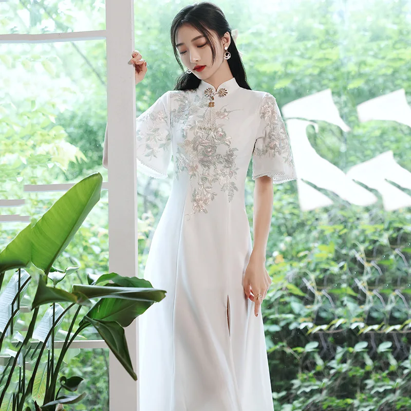 

Ele White Chinese Dr Evening Gown Women's Faionable Stand Collar ort Sve mid Waist A-Line Skirt
