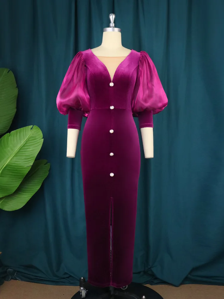 Robe de soirée fendue à manches lanterne pour femme, col en V, robe de cocktail élégante, grande taille, robe vintage, sexy, bienvenue, Rh