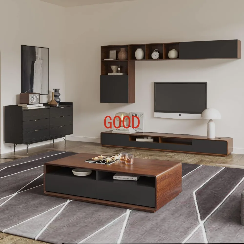 Mobile TV moderno da 94", console multimediale lowline con 4 cassetti, armadio aperto, completamente assemblato