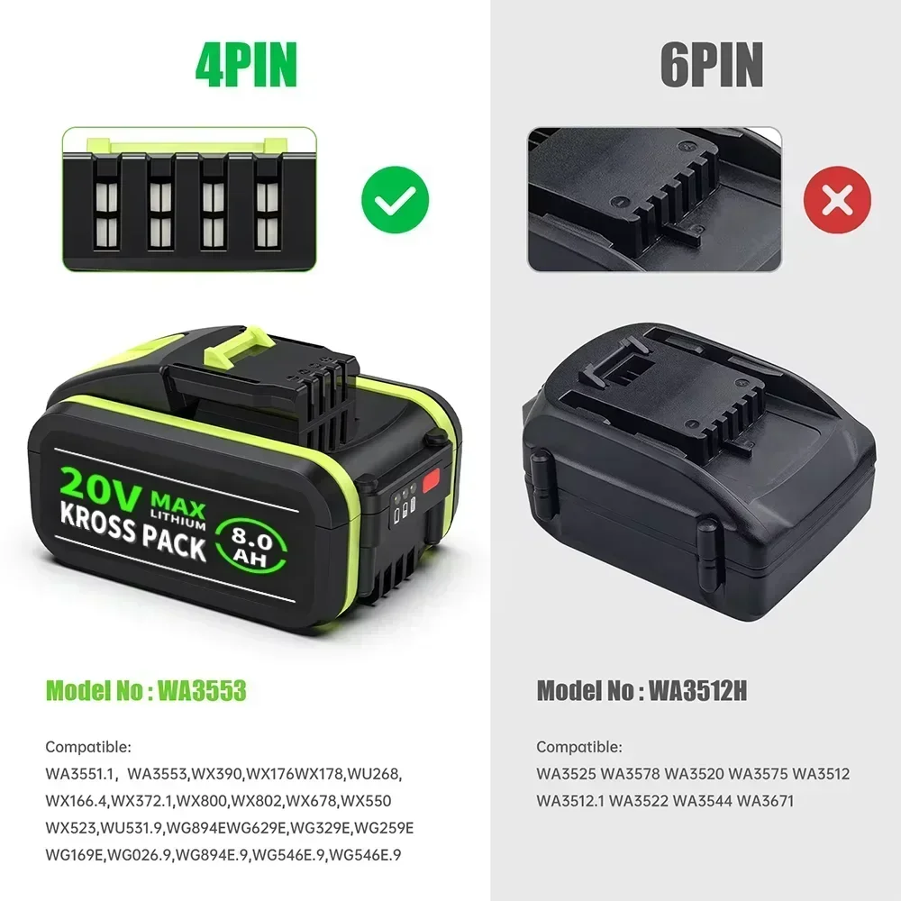 6.0/8.0Ah Battery For WORX WA3553/WA3551 20V Cordless Power Tool Battery WA3572 WA3553 WX390 WX176 WX178 WU268 Spare Batteriies