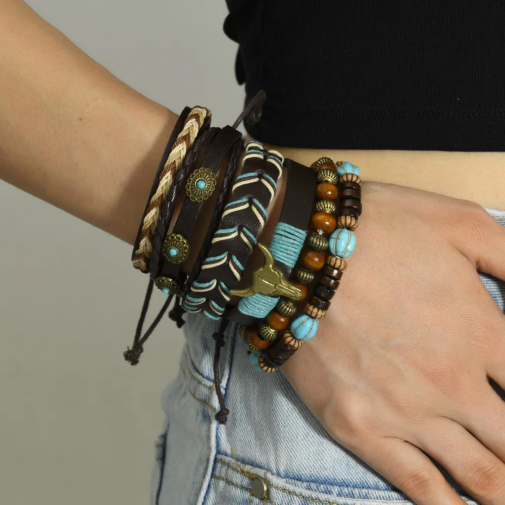 Boho Western Leather Bracelet Set for Women, Multi Layer Wooden Bead Turquoise Bull Head Charm Braided Wristband Jewelry