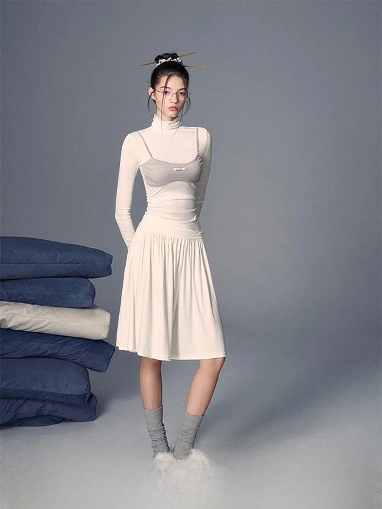 

LaluneDuCiel NEAT Charming Versatile Mid-Length White Silk f Skirt Elastic Fiber mid Waist Pleated Straight Tube Loose Fit