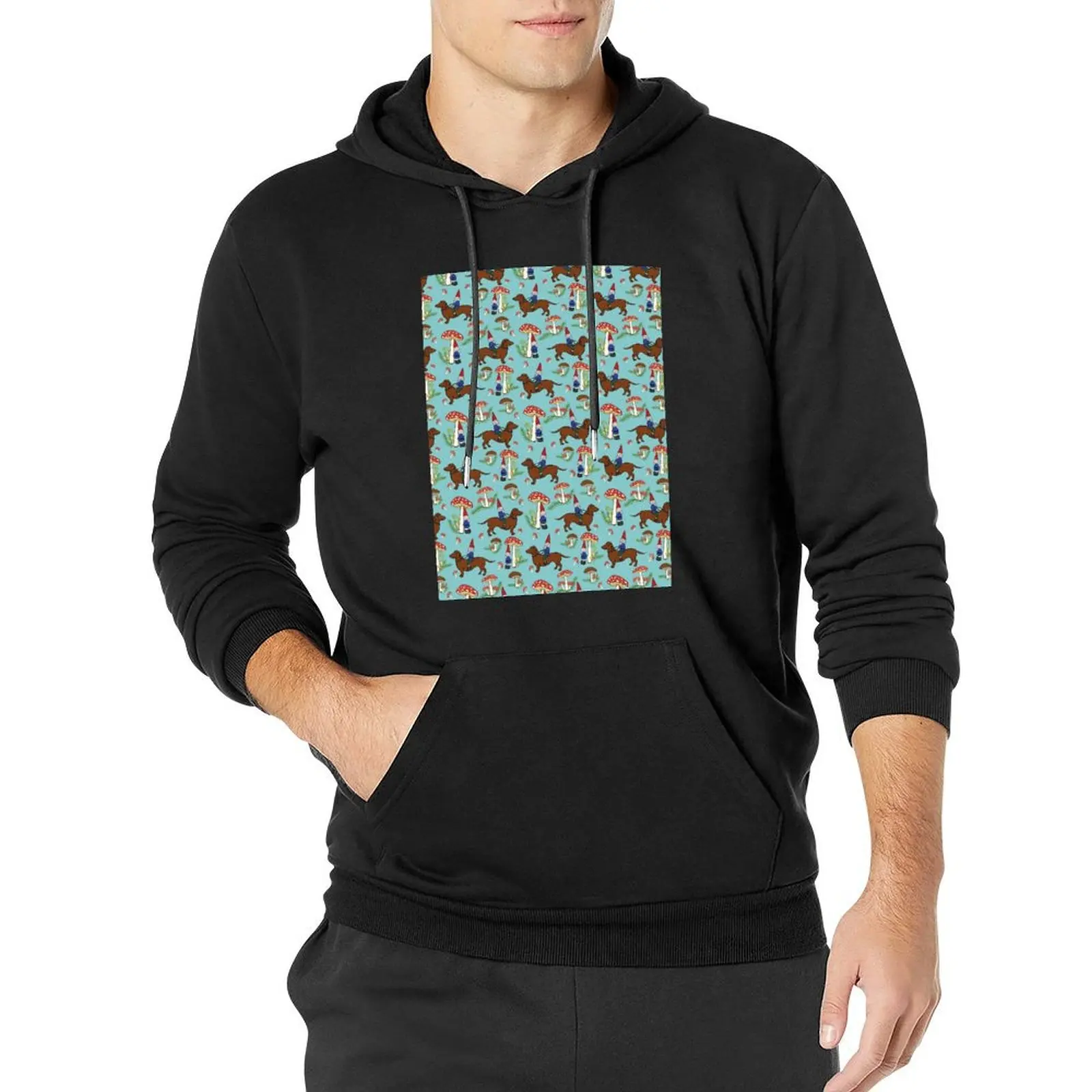 

Gnome and Dachshund in Mushroom Land, Turquoise Blue Background Pullover Hoodie autumn jacket men new hoodies and sweatshirts