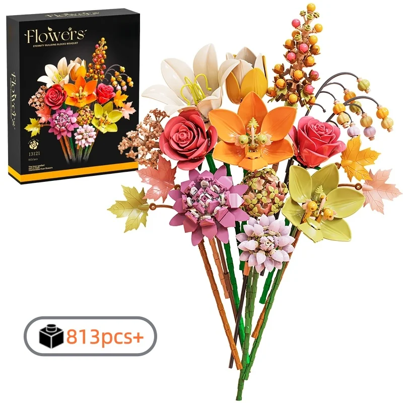 DIY Baustein-Set Rosenstrauß Ewige Blumen Modellbausatz Valentinstagsgeschenk für Mädchen Pflanzen-Heimdekoration Geburtstagsgeschenk