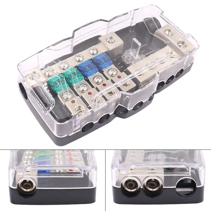 

Car Audio Distribution Fuse Block with Ground Mini Fuse Box Distribution Block 0/4GA 4 Way Fuses Holder Amp Red LED Indicator