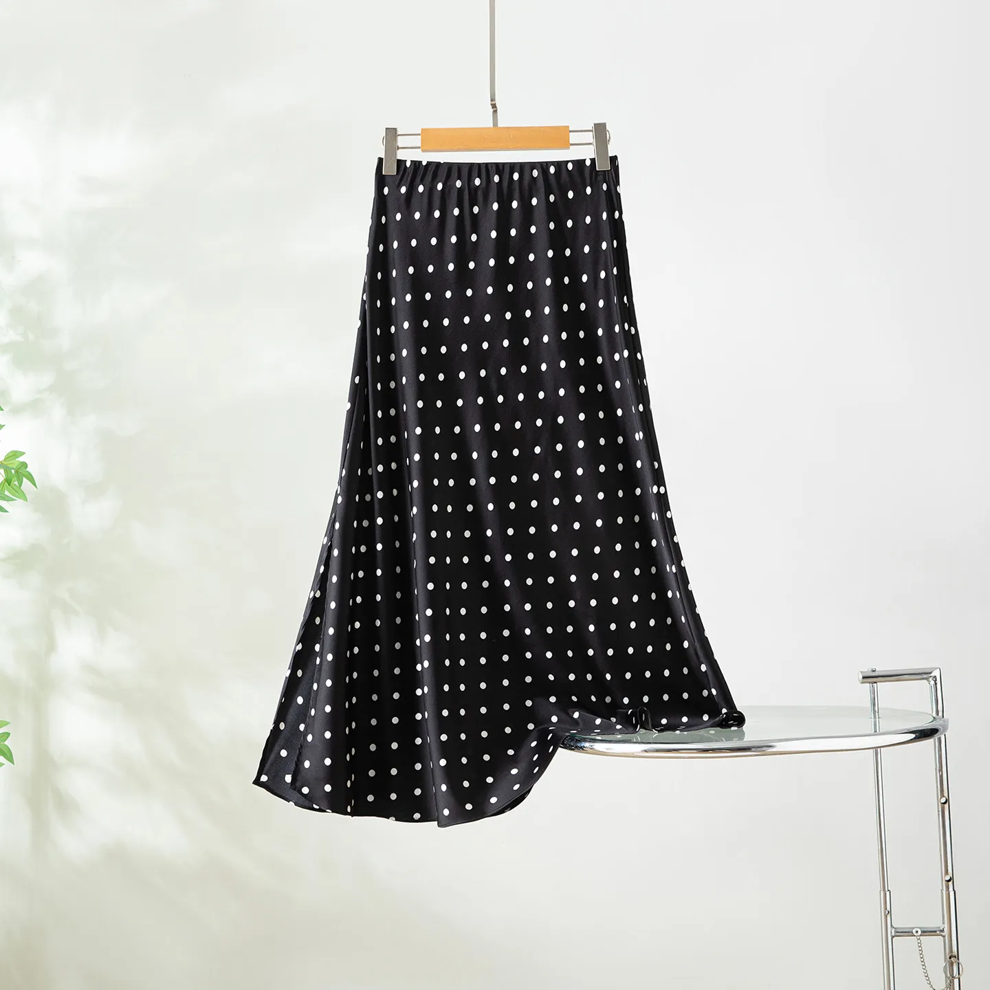 Winsleter-93%Silk 7%Spandex Elegant Skirts, Elastic Waist Dot Print, Women French Commute Trumpet Skirt, 2026 Summer B66042CC