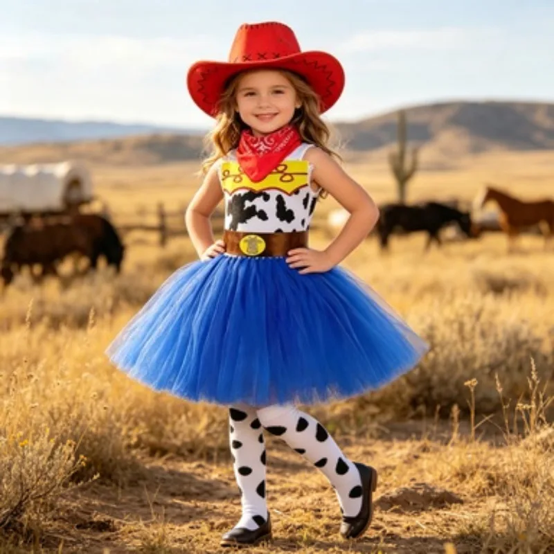 Cowboy Princess Style Tutu Dress for Girls, Kids Halloween Dress Up Outfit, Cowgirl Theme Carnival Party Performance Clothing