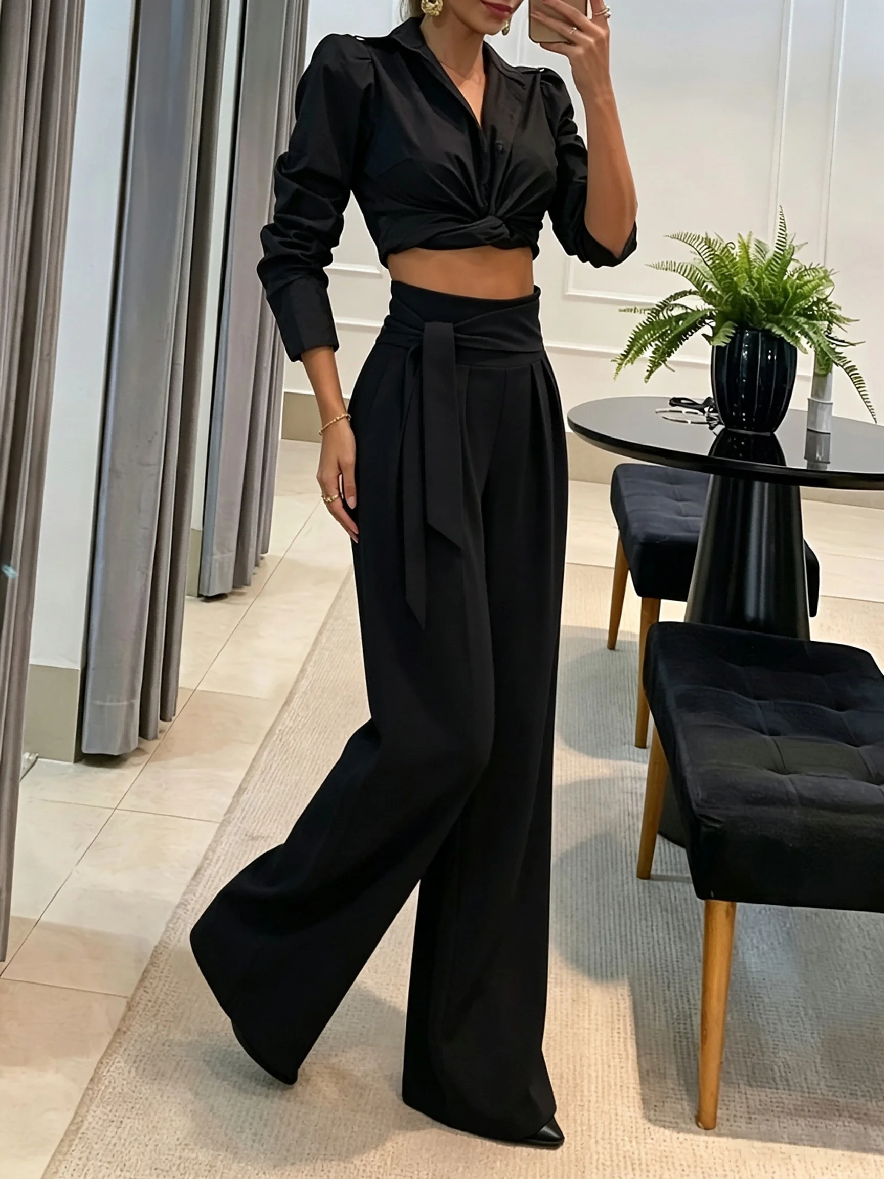 Neue Damen-Hosen mit weitem Bein, formelle Bürokleidung, Frühling/Herbst, schwarze High-Waist-Wickelhosen für den täglichen Streetwear-Look. – Detail 3