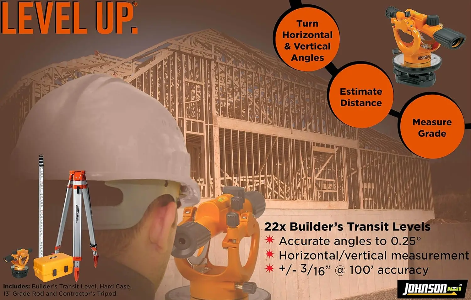 Level & Tool 40-6912 22X Builder's Transit Level System, Orange, 1 Kit