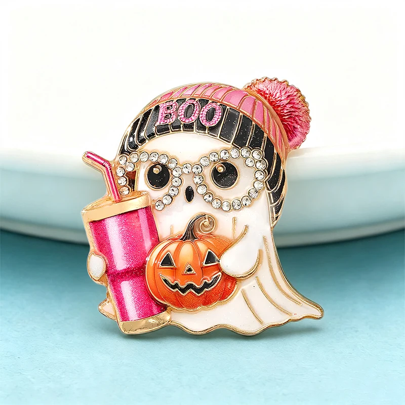 Wuli&baby Lovely Ghost Brooches For Women Unisex Wear Hat Taking Straw-cup Specter Halloween Party Brooch Pins Gifts