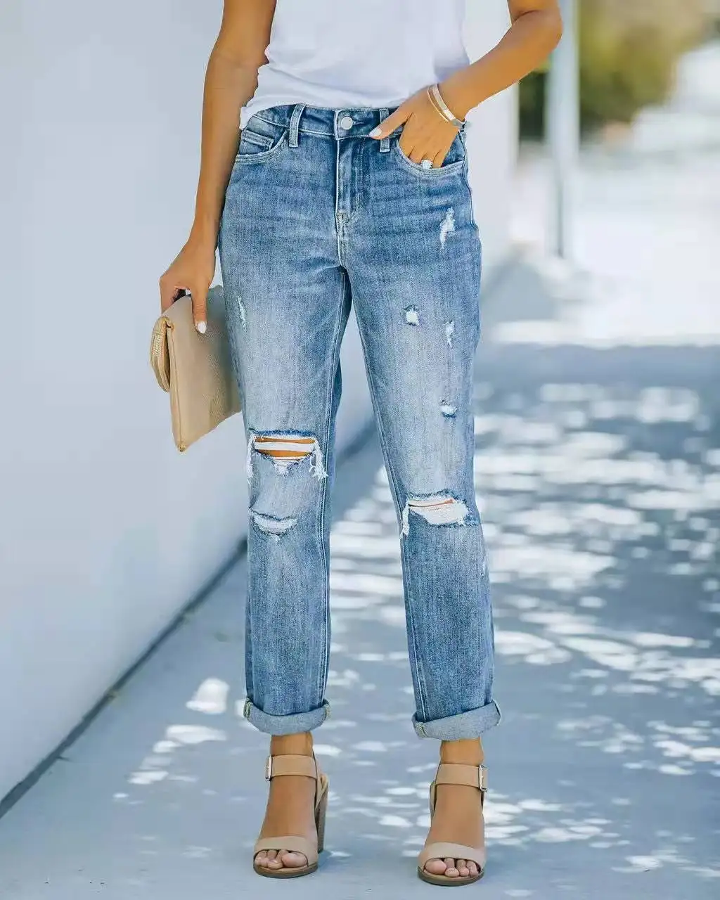 2024 Women\'s Jeans New Arrival European and American Foreign Trade Fashion Trend Ripped Jeans Women\'s Trousers Blue