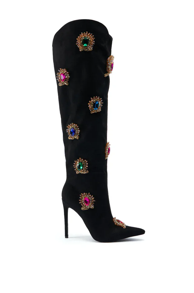 2025 Sexy Knee High Black Flock Crystal Decor Boots Stilettos High Heel Women Shoes Side Zipper Pointed Toe Zapatos Para Mujere