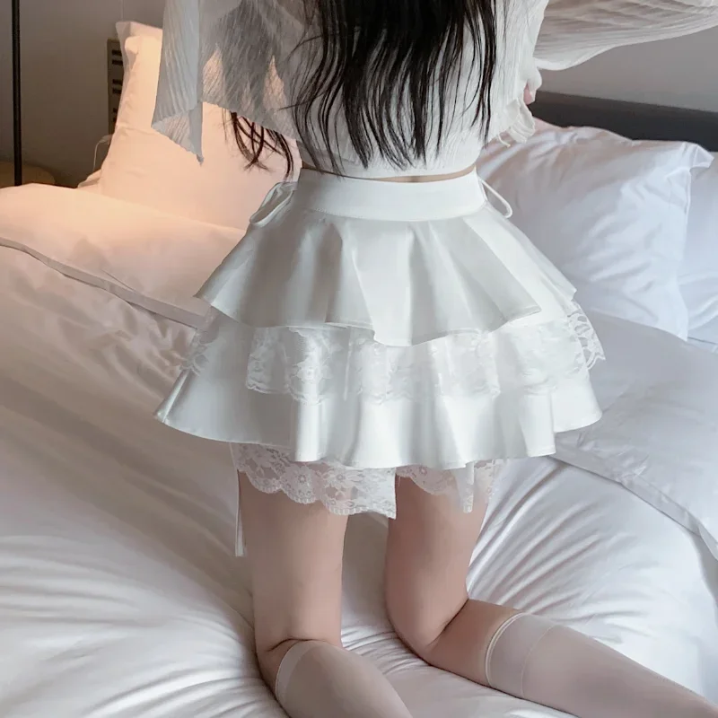 Sexy Ruffle Tiered Skirts Women Cute Lolita Style Lace Cake Skirt Girl Kawaii Clothes High Waist Solid A-Line Mini Skirt