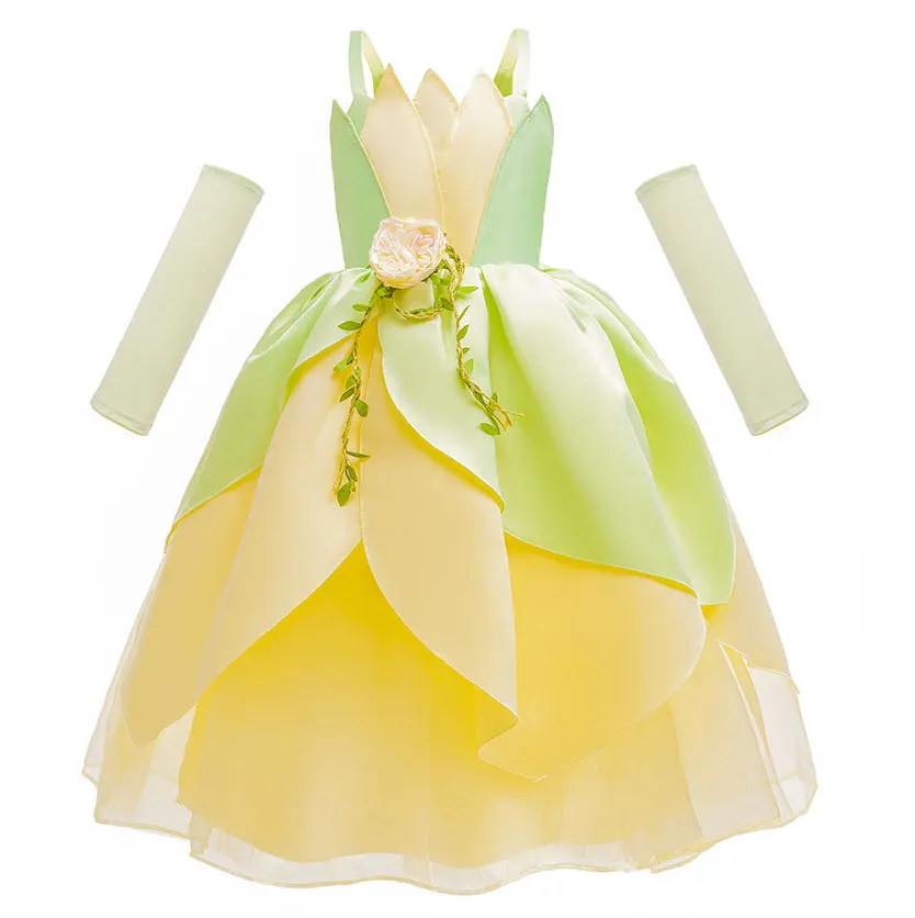 Tiana Cosplay Costume for Girls Fancy Princess Cosplay The Frog Dress Carnival Birthday Party Kids Frock Ball Gowns Clothes