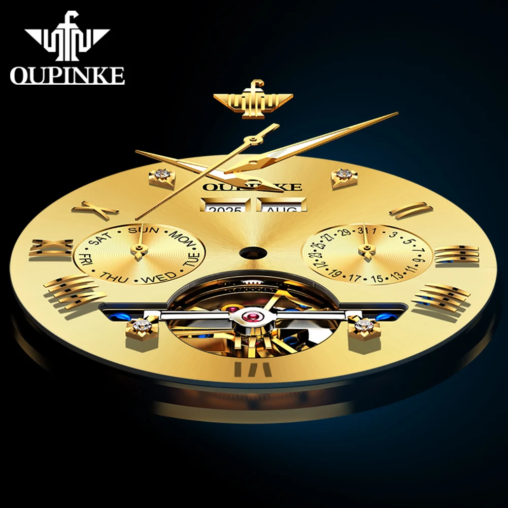 OUPINKE 3240 Skeleton Flywheel Multifunctional Automatic Mechanical Watches for Men 44mm Large Dial Tungsten Steel Luxury Watch