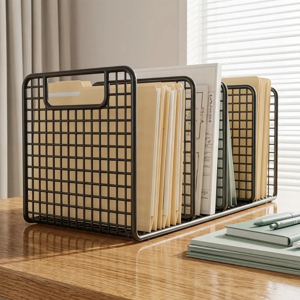 Multi-grid Baffle Shelf Iron Bookshelf with 4-grid Organizer Durable Metal Book Storage Rack Anti-rust Office Document Holder