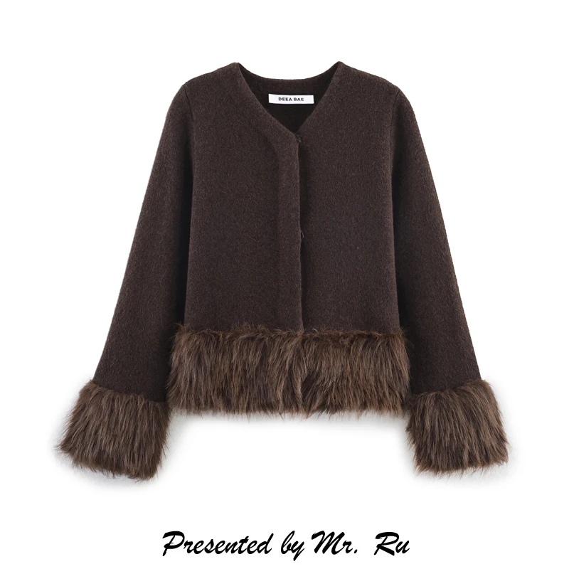 

Стильный вязаный топ с эффектом искусственного меха, осенний, с эффектом омоложения, на одной пуговице, с V-образным вырезом, для молодых женщин