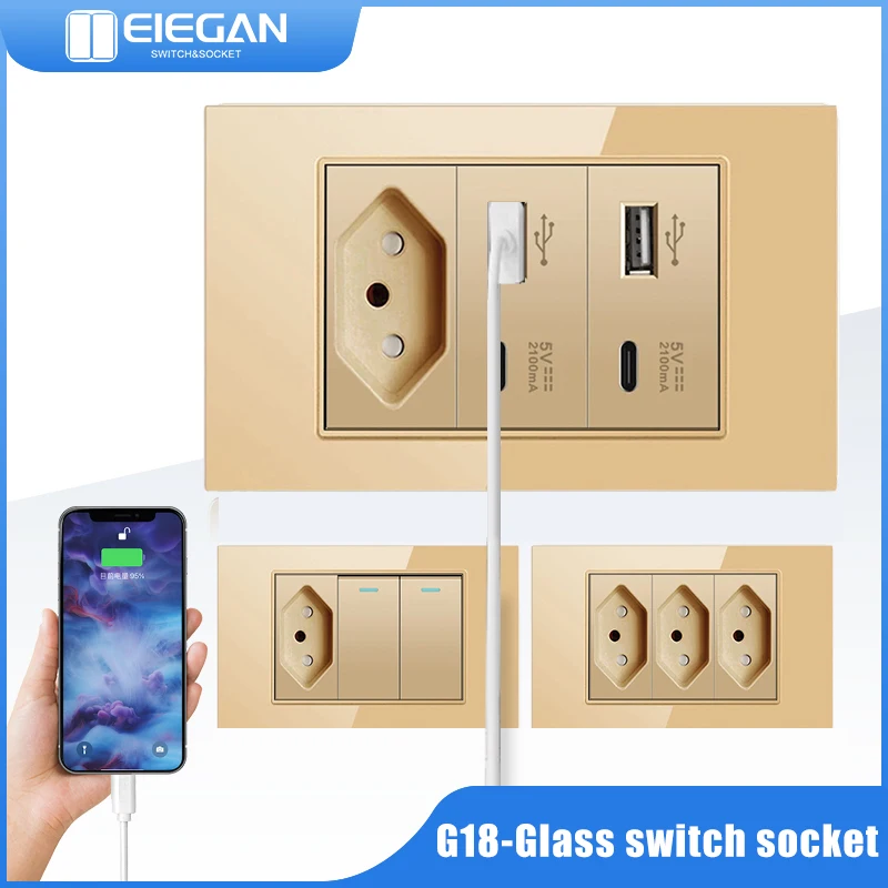 ELEGAN Brazil Standard 118*72mm Type C Usb Wall Outlet Glass Panel AC 110V-240V AC 250V 20A BR Power Socket with Light Switches