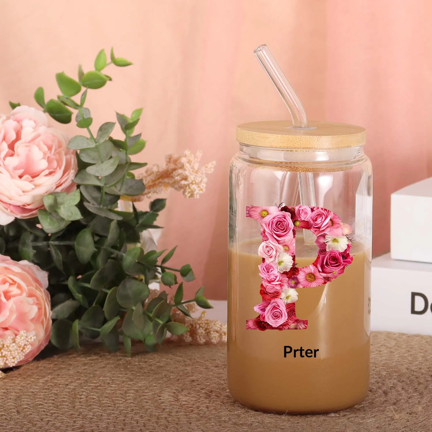 1Pc Festive Party Glass Mugs Straw Lid 16oz Straight Tumblers 3D Print Flower Letters Custom Birthday Party Travel Cups Favor
