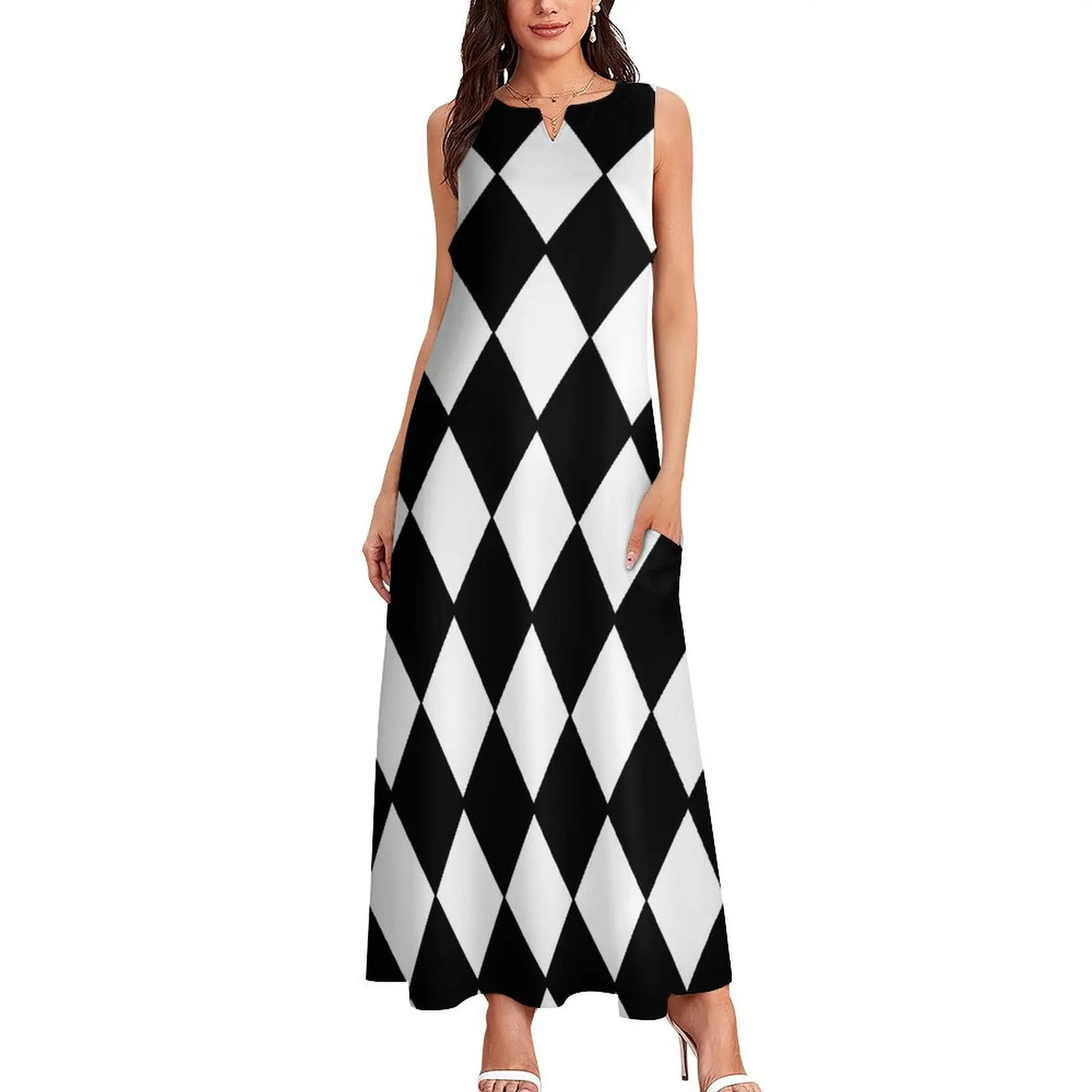 Check Print Dress Summer Black and White Contrast Street Style Casual Long Dresses Female Graphic Elegant Maxi Dress 3XL 4XL 5XL