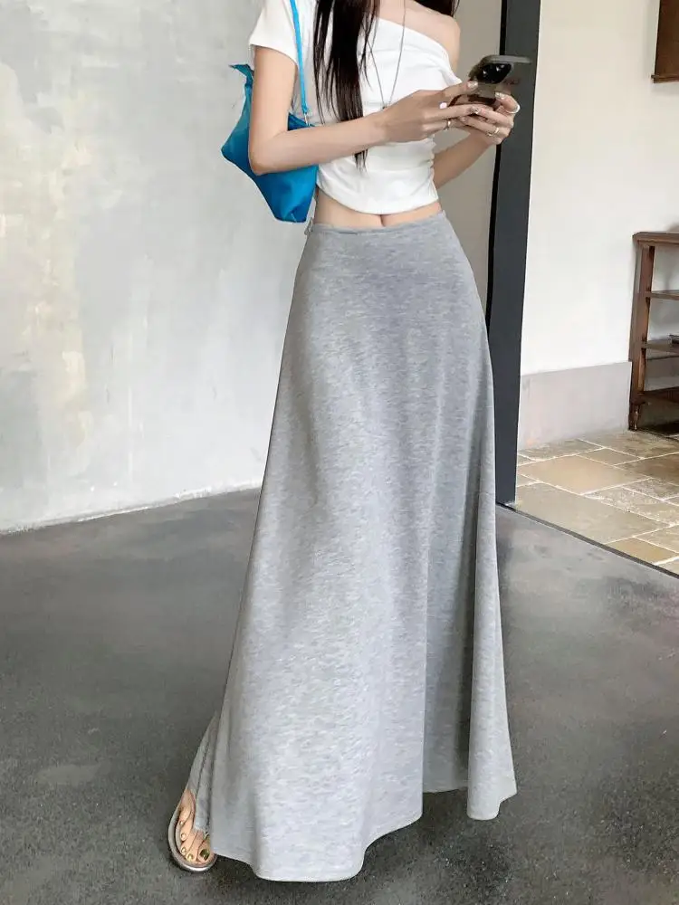 

Summer Black Elegant Pleated Skirt Korean Women Grey High Waist Vacation Party Long Skirts Simplicity Streetwear casual Popular