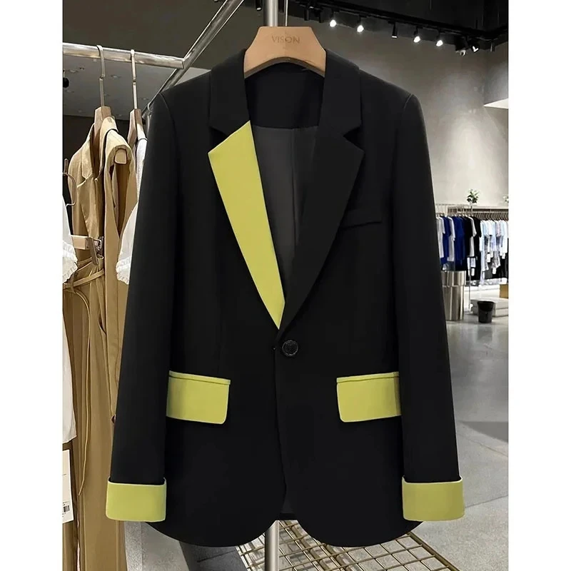 Blazer de manga larga a la moda para mujer, chaqueta negra de retazos contrastantes, traje informal de oficina que combina con todo, Otoño, 2024