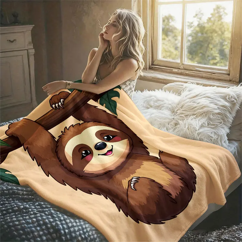 Cute Sloth Hanging Branch Flannel Blanket Perfect for Sofa Office Bed Travel Sleep Read Relax Camping Four Season Use