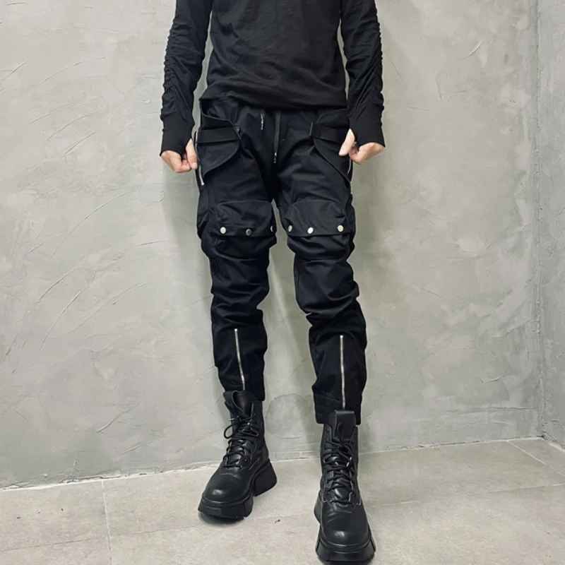 Black Pocket Zipper Cargo Pants Motorcycle Biker Fashion Avant-Garde Techwear Style Men and Women Casual Pants Tappered Pants