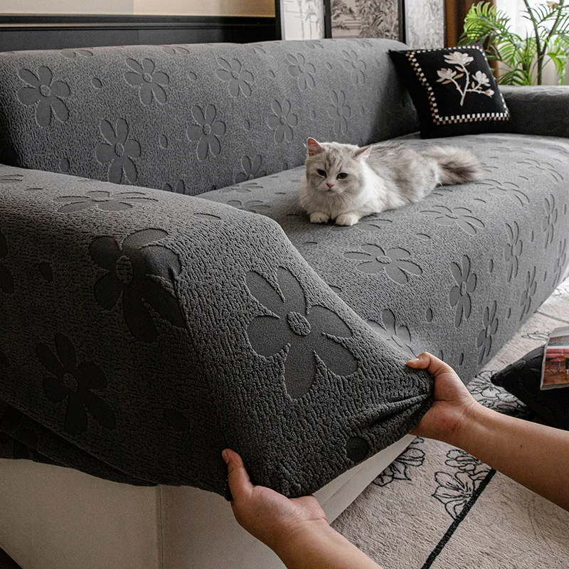 Floral Embossed Sofa Cover Jacquard Velvet Elastic Couch Slipcover Four Seasons Universal Machine Washable Furniture Protector