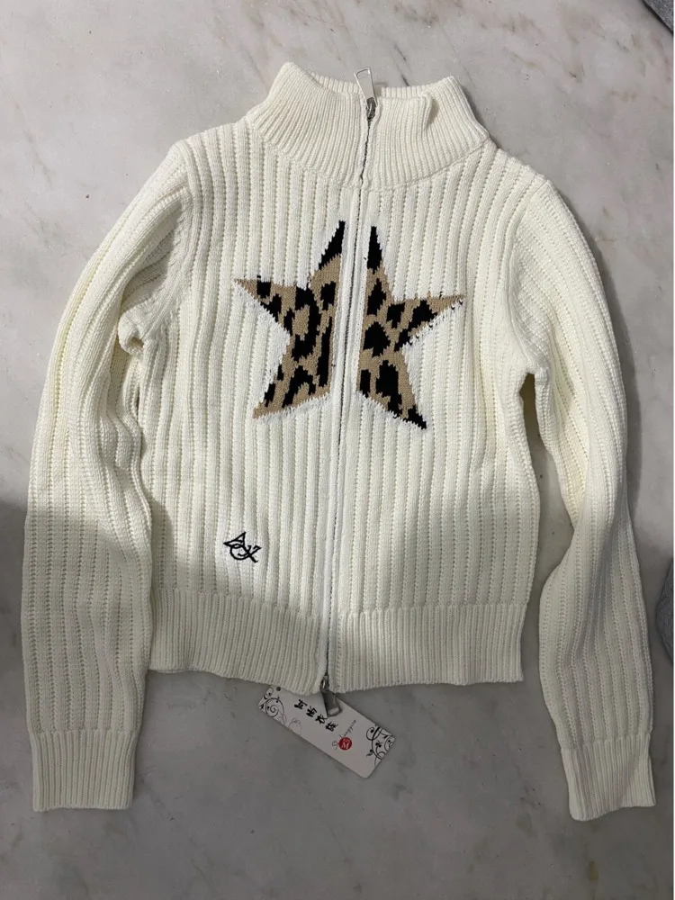 Trend Star Leopard Designed Jacquard Hoodies Zipper Cardigan Knitted Sweater Harajuku White Youth Knitwear Woman 2000s Y2k