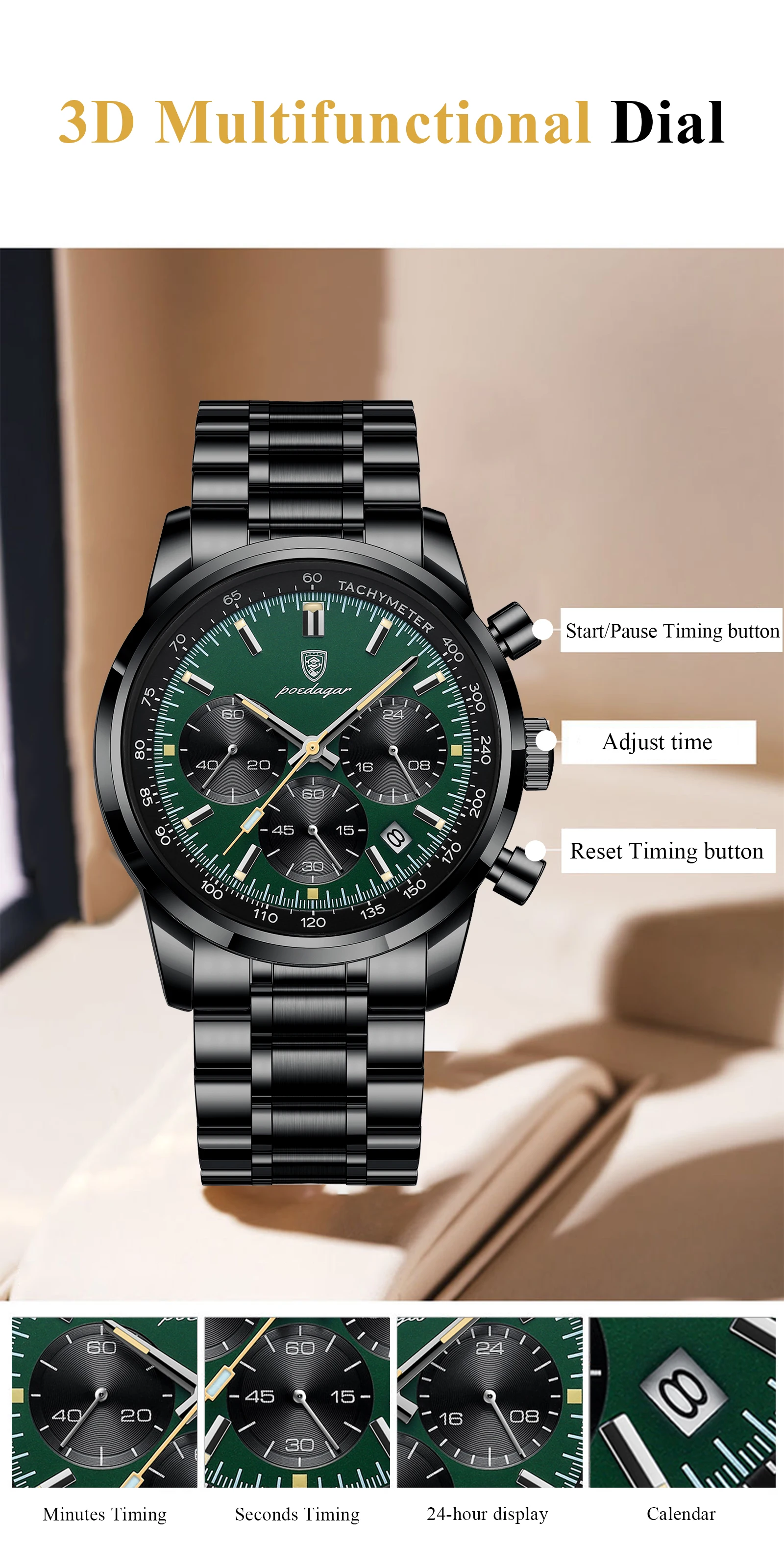 POEDAGAR Top Luxus Männer Uhr Wasserdicht Leucht Datum Chronograph Mode herren Quarzuhr Edelstahl Sport Mann Uhren – Detail 7
