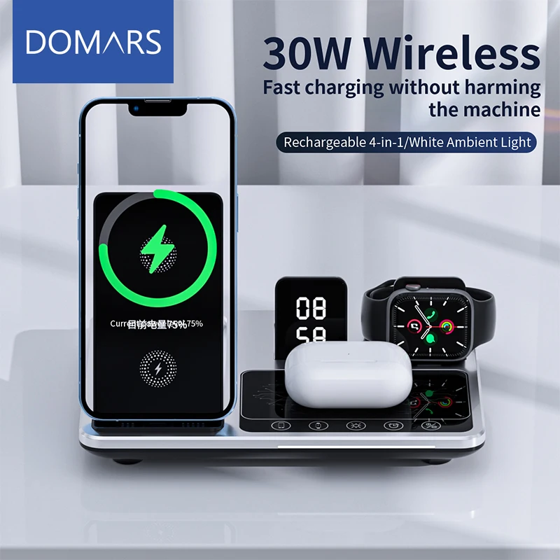 Domars Multi-functional 4-in-1 Wireless Charging Stand With Time Display And Fast Charging Dock for IPhone 15 16 Watch Earphones